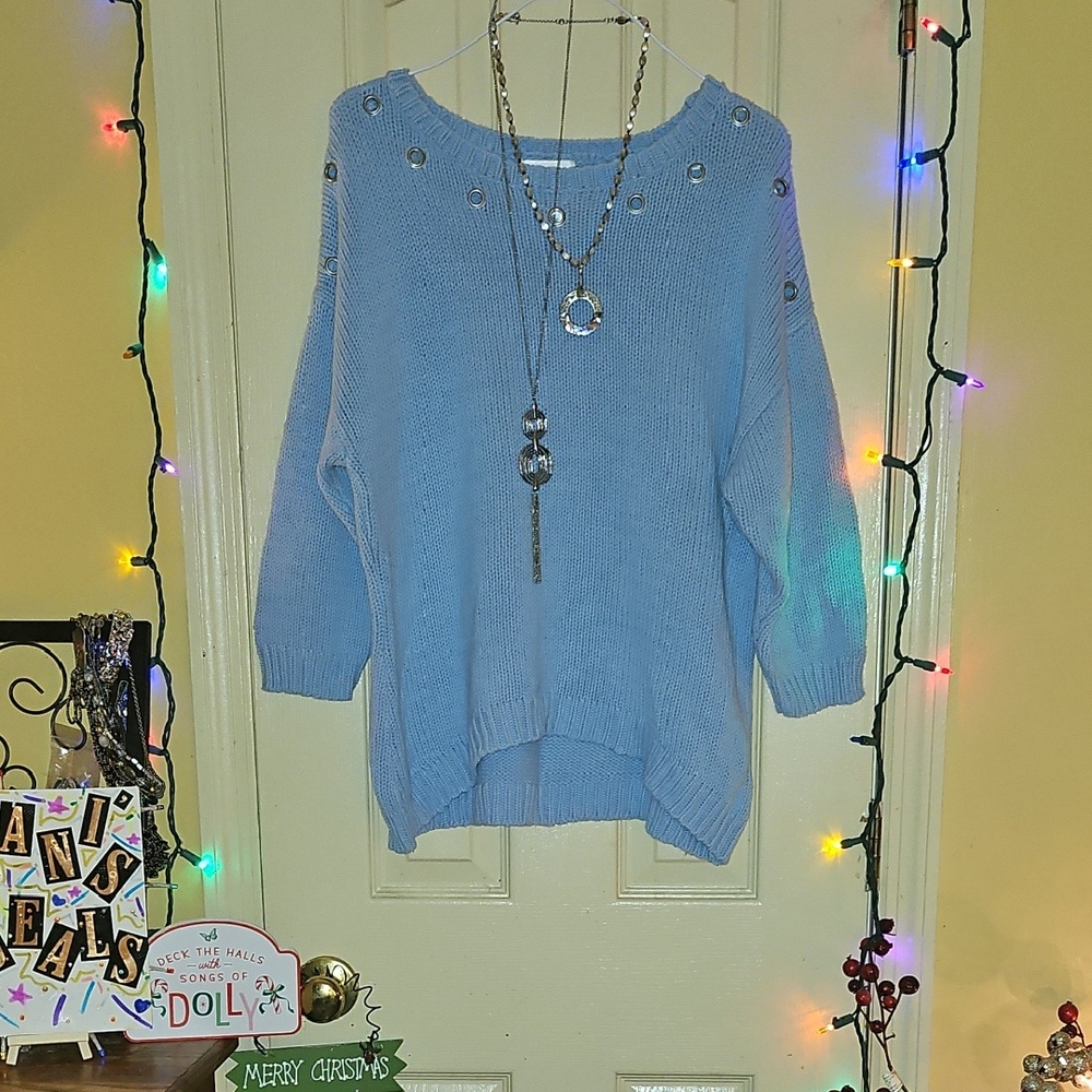 EUC OSO Casuals Chic Sky Blue Crew Neck Sweater With Grommets